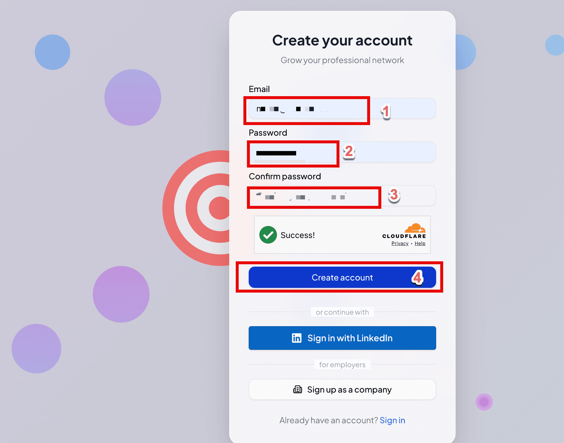 Screenshot placeholder: sign-up form with email / password / Create account highlighted