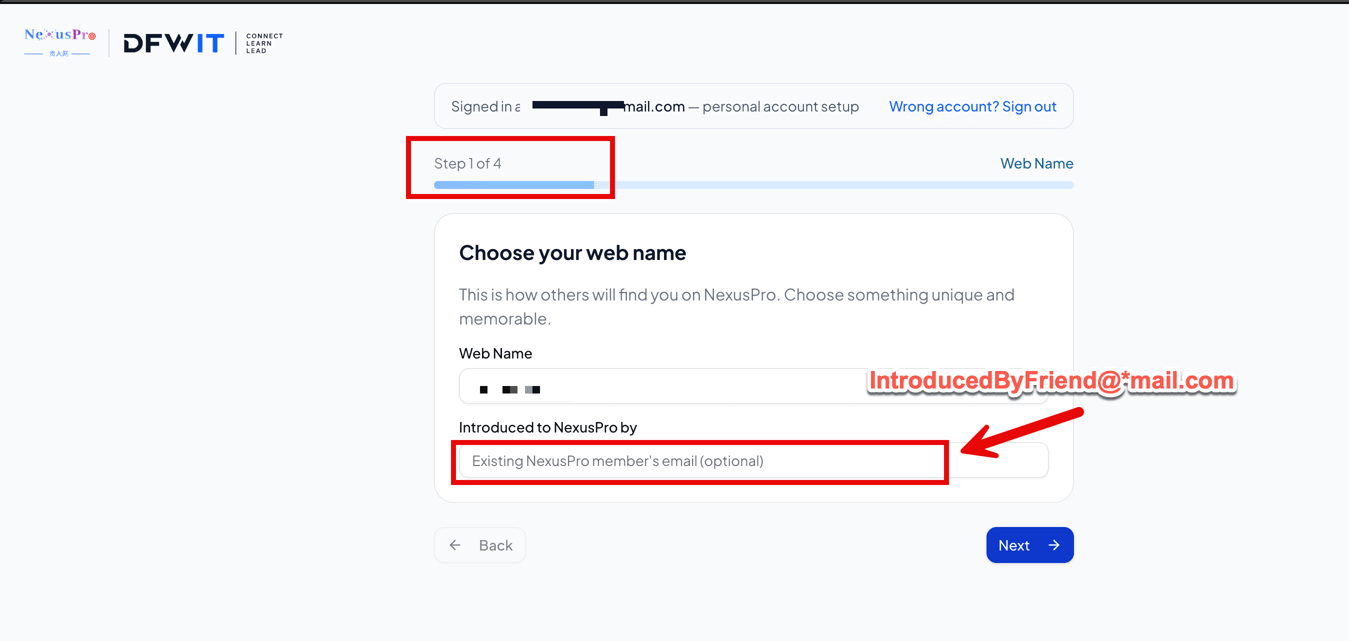 Screenshot placeholder: profile-setup step, "Introduced to NexusPro by" field highlighted