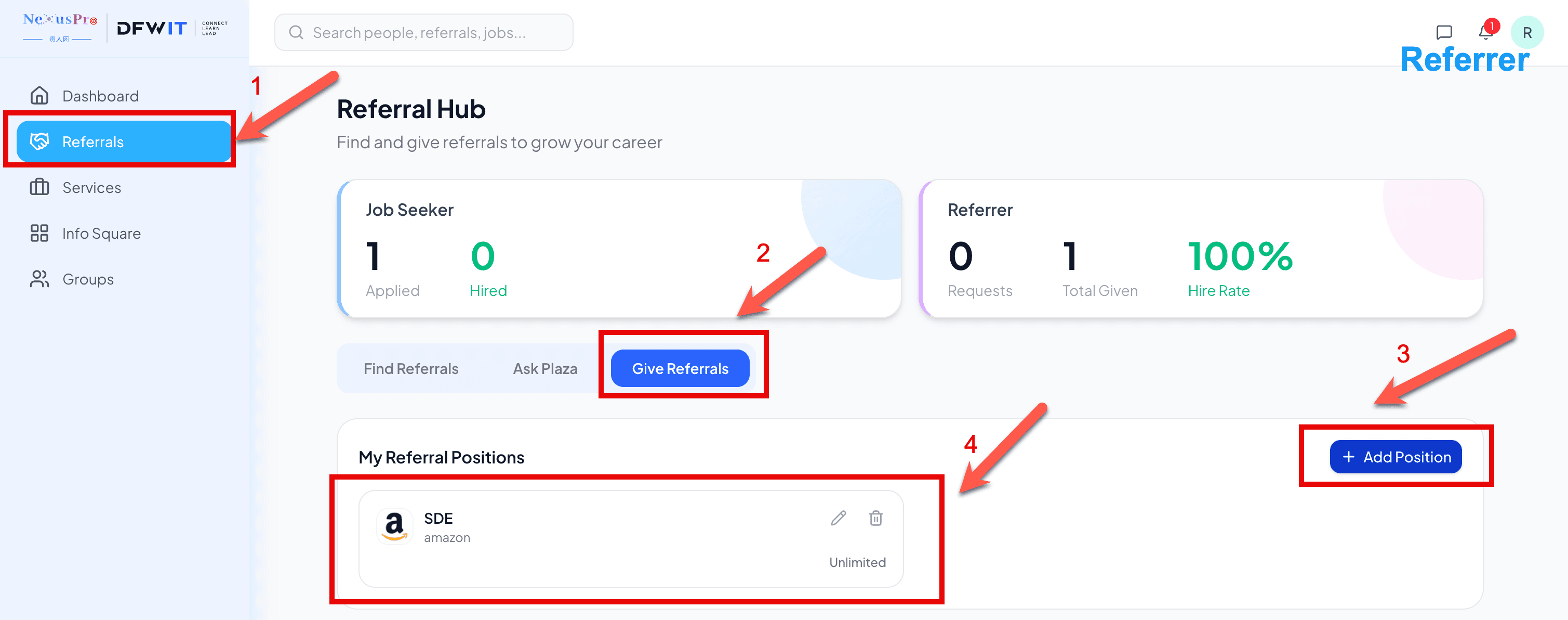 Screenshot placeholder: Referral Hub, with Referrals nav → Give Referrals tab → Add Position highlighted