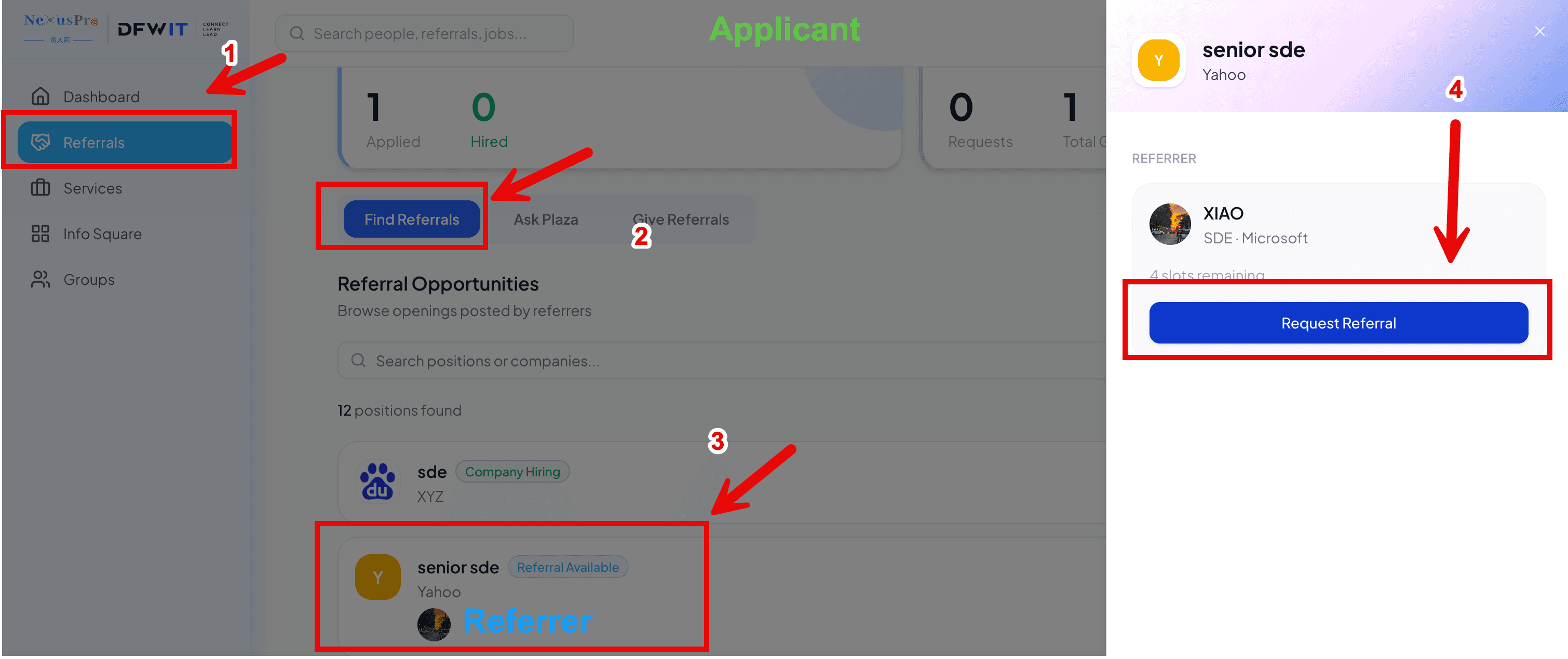 Screenshot placeholder: Find Referrals list → position detail → Request Referral button