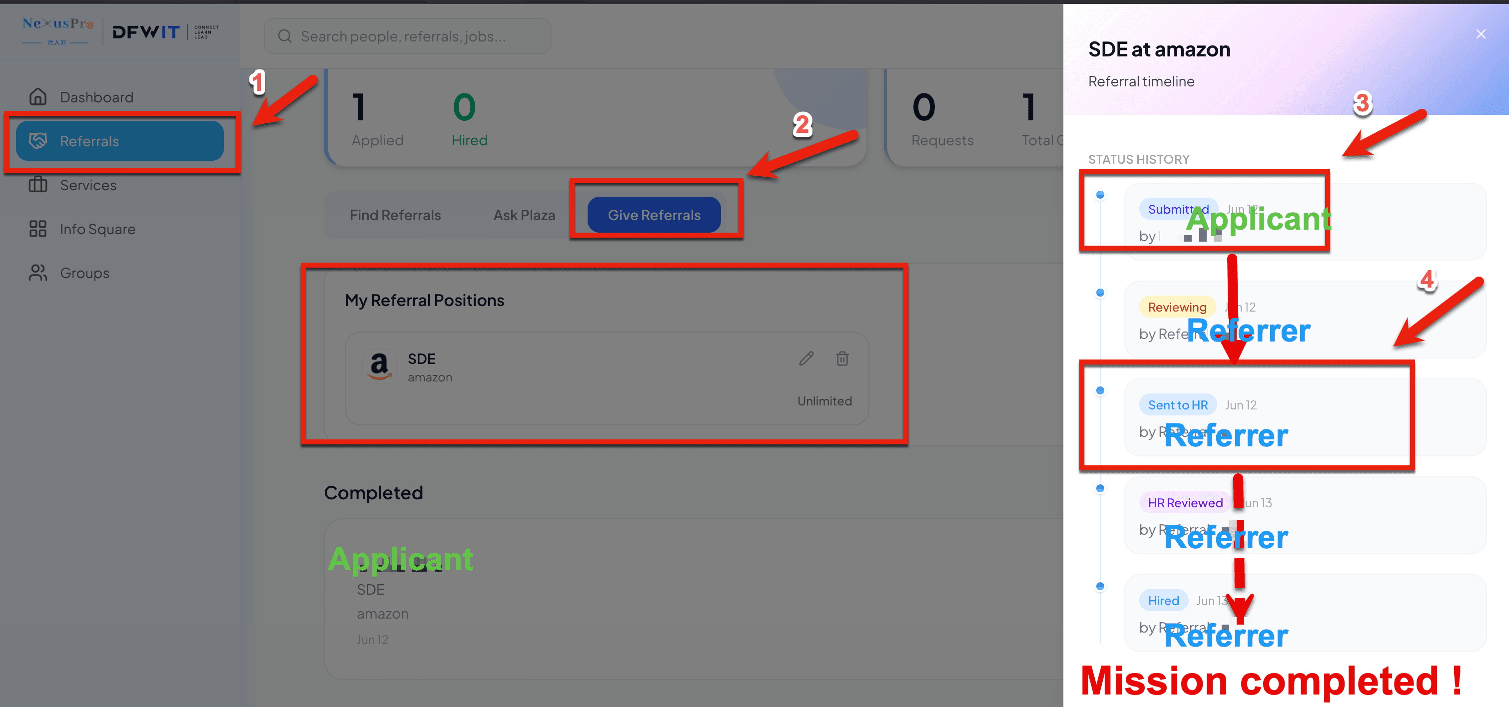 Screenshot placeholder: Referral timeline, with the "Sent to HR" stage highlighted